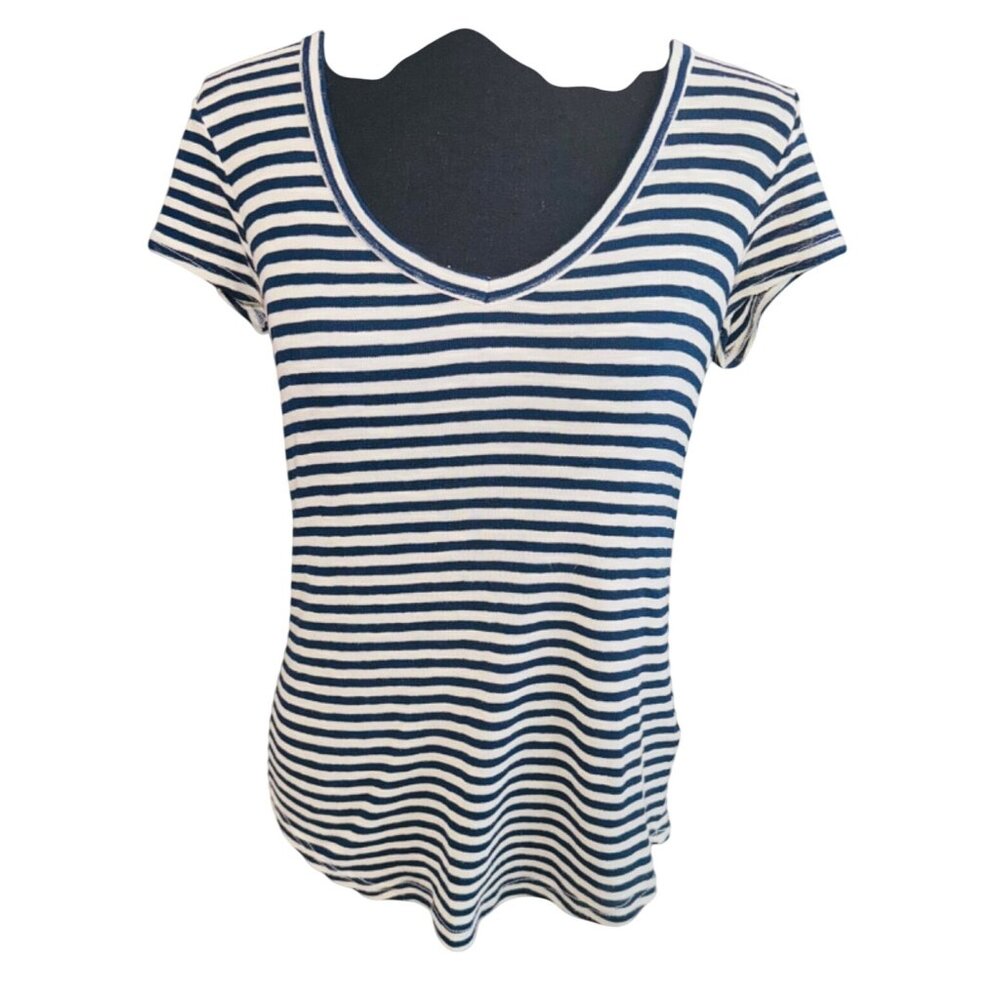 Nautical Madewell Striped V-Neck Short Sleeve T-Shirt S Viscose Blend Navy/White
